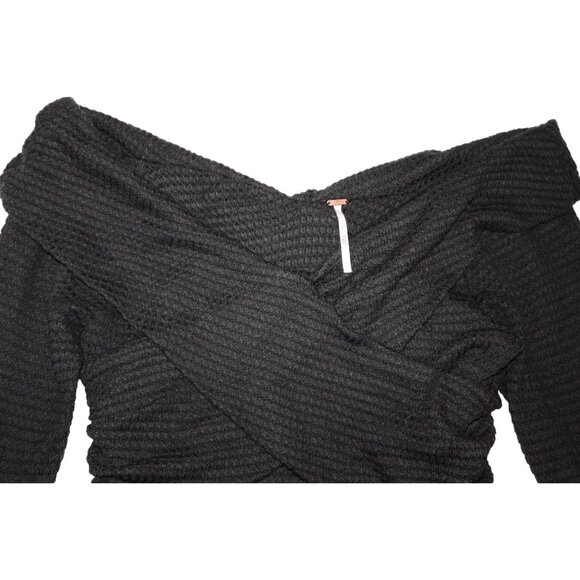 Free People Off Shoulder Waffle Knit Top Black Long Sleeve Grunge Baddie - Picture 3 of 11